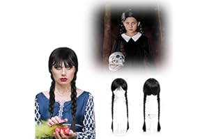Ayizhiniu Parrucca Donna Addams, Halloween Addams Parrucca Nera Lunga, Adams Wig Lntrecciate Nere, Adams Parrucca Nera, Applicabile a Parrucca per Costumi Cosplay Halloween