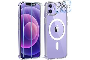 YisrLery 5 en 1 Magnétique Coque pour iPhone 12 avec 2 Protection écran et 2 Caméra Protecteur, Anti-Jaune Protection Compatible MagSafe, Antichoc Anti-Rayures Housse - Transparent