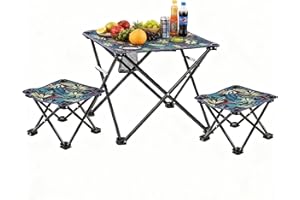 SNZ Juego de Mesa Plegable con 2 Taburetes para Camping, Mesa de Exterior con Portavasos, Topes Antideslizantes, para Plegable y Portátil para Playa, Jardín, Fiestas, Incluye Bolsa de Transporte