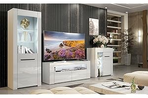 Furneo Milano – High Gloss & Matt White Living Room Set, TV Stand, Sideboard & Display Cabinet, White LED Lights