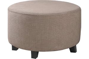 GAMUKAI Stretch Jacquard Ottoman Slipcovers Round Stool Covers Removable Footstool Covers Storage Ottoman Protector for Living Room (Taupe, X-Large)