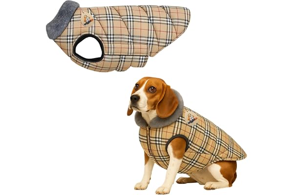 WiggleBoo Dog Winter Coat Beige Check Warm Windproof Jacket with Soft Inner Fabric & Fur Collar Adjustable Straps, Zipper & Leash Hole Cozy Dog Clothing for All Breeds (Medium - 16inch)