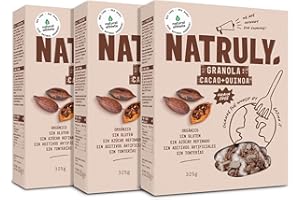NATURAL ATHLETE NATRULY Granola BIO de Frutos Secos y Semillas Sin Cereales, Sin Gluten y Sin Azúcar Refinado, Vegana, Sabor Cacao, Coco y Quinoa -Pack 3x325g)
