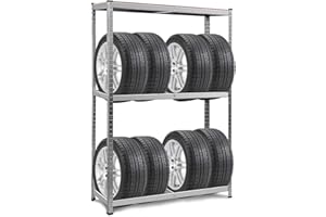 GYMAX Scaffale Porta Gomme Auto in Metallo, a 3 Ripiani, Portata di 265 kg/Strato, Supporto per 8 Pneumatici, Ideale per Officina, Garage, Magazzino, 180x40x120 cm