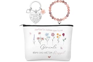 Xuniea 3 Pcs Cadeaux Inspirants pour Femmes Cadeaux Collègues de Travail Trousse de Maquillage Bracelet en Pierres Naturelles Porte-Clés pour Anniversaire Noël
