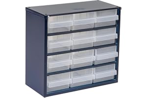raaco Organizador de Tornillos C6-12, con 12 Cajones, Capacidad 13 kg, 15 x 30,6 x 28,3 cm, Apto para Montaje en Pared, Clasificador de Tornillos y Pequeñas Piezas para Taller
