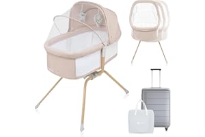 LIONELO Malin Evo Łóżeczko Dziecięce 3 w 1 Turystyczne, Kołyska dla Niemowląt od 0 do 9kg, Daszek Moskitiera 2 Zabawki, Regulacja Nachylenia Szybki Montaż, 2 Koła,Torba