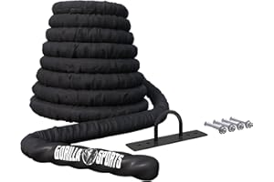 Gorilla Sports® Battle Rope - Longueur 9/12/15 m, Diamètre 38mm/50mm, avec Fixation Mural, en Nylon, Noir - Corde de Bataille, de Combat, Ondulatoire pour Entraînement, Sport, Fitness et Musculation
