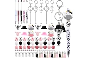 WEWAYSMILE 5 Set Plastic Bead Pen Beaded Pens Kit Beadable Keychains With Wooden Beads,Lobster Clasps,Tassels,Spacer Beads,Beaded Keychains,Beaded Pen for Schools Office Supplies(Dairy Cow)