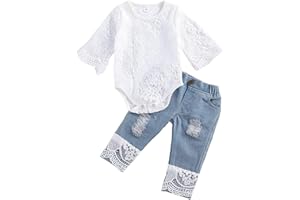 Juflam Neonato Baby Girl Vestiti Ricamato Pizzo Romper Ripped Jeans Denim Pants Toddler Infant Outfit Set