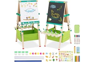 MAYCOLY Kids Easel Double-Sided Whiteboard Chalkboard Standing Easel Wooden Art Easel Height Adjustable with Numbers Alphabet and Other Accessories Large Storage Bag Drawing Board for Toddlers Boys Girls