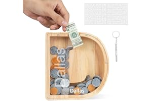 DONJIM Personalized Wooden Money Box, 7" Letter Piggy Bank, Clear Money Gift Box, Detachable Money Jar, with DIY Alphabet Stickers and Screwdriver, Alphabet D Money Tin