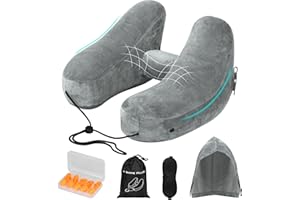 Hossom Nadmuchiwana poduszka na kark, samolot, poduszka podróżna, poduszka podróżna, poduszka na kark dla dorosłych z zagłówkiem, kapeluszem, torbą, maską do spania, zatyczkami do uszu, do podróży