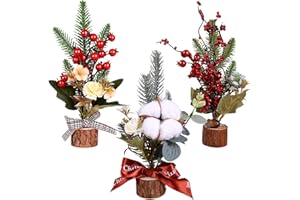 TSLBW 3 szt. Mini choinki stołowe mini biurko sosnowe z czerwoną jagodą i drewnianą podstawą blaty stołu dekoracja stołu Boże Narodzenie dom przyjęcie świąteczne dekoracje świąteczne ozdoby imprezowe