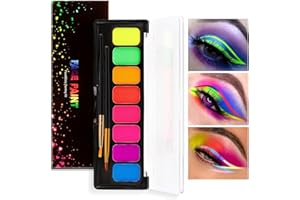 Teekerwan 8 couleurs néon peinture pour le visage Eyeliner maquillage, Aqua - activé Eyeliner Palette UV Luminescent durable Fluorescent visage et corps peinture avec pinceau pour Halloween Noël (01)