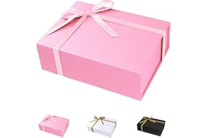 GRANTOP Pudełko prezentowe z pokrywką, pudełko prezentowe z wstążką i poszatkowanym papierem, duże magnetyczne pudełka prezentowe na wesele, urodziny, Boże Narodzenie, rocznicę (różowe, 26 x 18 x 7,5 cm)