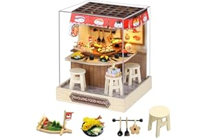 CUTE-EYFUD DIY Miniature Wooden Dollhouse Kit with Decorations, LED Light and Dust Cover - Creative Room Craft for Adults and Teens, for Birthdays and Special Occasions (REVOLVING FOOD HOUSE)