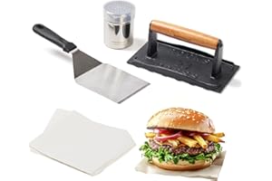 ROCKSHEAT 4PCS Smash Burger Press Kit, 8"X4" Rectangular Cast Iron Smash Bacon Press, Spatula, Seasoning Shaker and Patty Papers, Food-Grade Griddle Press Set for Outdoor Grilling and Tailgates