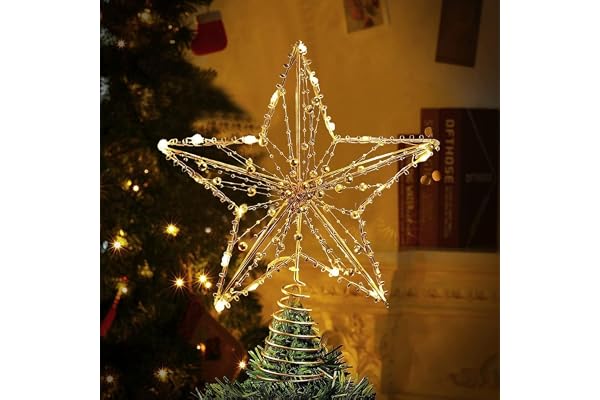 Julgransspets, LED-stjärna, trädkrona med gyllene pärla, upplyst pentagram-snöträdsspets med 20 minilampor för julgransprydnader (liten storlek) (23 cm x 18 cm)