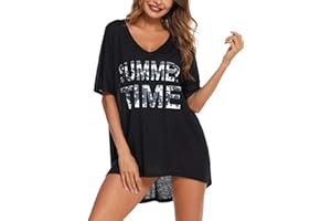 AI'MAGE Damen Strandkleid Bikini Cover Up Sommer Strandponcho Bademode V-Ausschnitt Strand Lose Vertuschen Shirt mit Drucken