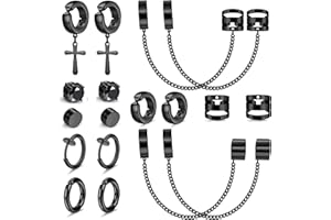 Kakonia 9 Pairs Magnetic Earrings for Men 316L Stainless Steel Earrings Clip on Chain Earrings Non-Piercing Cross Dangle Hoop Men's Earrings Black CZ Mens Studs Earrings
