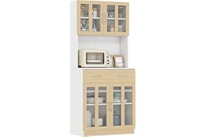 HOMCOM Alacena de Cocina Alta, Mueble Auxiliar de Cocina, con 4 Puertas de Vidrio, Encimera Abierta para Microondas, Cajón, Estantes Ajustables, 80x40x180 cm, Blanco y Natural