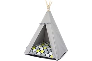 HALKALIFE Pet tent with a stabilizer and a soft blanket. Teepee for cat or dog. Dog house, cat nest. Dog cave. Pet igloo. Cat hut. Pet wigwam.(M, Grey, Green Dots)