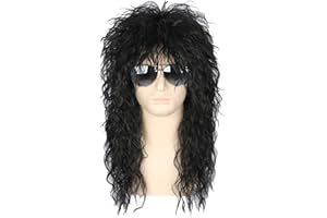 Topcosplay Herren 80er Jahre Vokuhila Perücke Rocker Punk Popstar Perücke Schwarz Lange Lockig Mullet Perücken für Halloween Kostüm Fasching Karneval