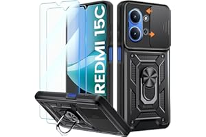 Yohii Funda para Xiaomi Redmi 15C 4G / 5G con 2 Piezas Cristal Templado, 360 Anillo Soporte, Cubierta De Cámara Deslizante, PC y Silicona TPU Bumper Antigolpes Case, Negro