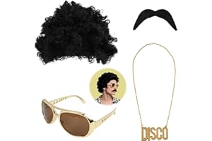 Eddrfy Disco Hippie Costume 70s 80s, Disco Accessories Funky Afro Wig Sunglasses Necklace Bracelets Fake Mustache, Adult Kids Retro Fancy Dress Party Costume Hippie Outfit