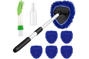 Wozzies Kit Nettoyage Voiture Interieur, Kit Nettoyant pour Pare-Brise, 6 Tampons de Nettoyage en Chenille, Nettoyeur de Pare-Brise À Manche Télescopique Pivotant À 180°, Vaporisateur et Brosse
