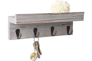 BESTOOL Mini soporte para llaves de madera, organizador de llaves, con estante, organizador de pared con 4 ganchos de metal (gris)