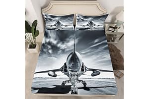 Loussiesd Boys Airplane Bed Sheet Set Kids Toddler Cool Aircraft Bedding Sheets Girls Teens Airplane Flying Bedding Fitted Sheet Grey Retro Bed Cover with 2 Pillowcases 3Pcs Bedding Double