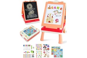 Elovien Tabletop Kids Easel, Foldable Art Easel for Toddler,Double Sided Painting Easel Board with Chalkboard & Magnetic Dry Erase Board, Educational Toy Gift for Girls(Pink)