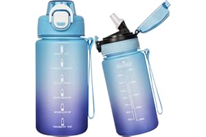 Seekua Sport Tritan Gourde 0.6l avec Paille & Marqueur de Temps, Motivation Bouteille d'eau sans bpa reutilisable pour Enfant, 2 Couvercles, 600 ml