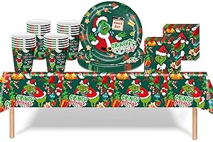 ATBEAMEN 41Pcs Green Grinch Christmas Tableware Decorations,Merry Christmas Plastic Table Cloth,Paper Cups Napkins Plates Grinch Table Cover Dinnerware for Xmas Party Supplies