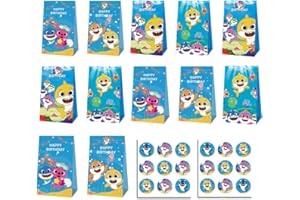 NDZYDXW 12PCS Bolsas de Baaby Shaark Regalo, con 18 Pegatinas de Baaby Shaark,Bolsas de Papel para Fiesta Infantiles,Bolsas Dulces, Bolsas Kraft para Fiesta Celebraciones,Cumpleaños,Halloween,Navidad