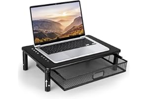 seOSTO Supporto per monitor con cassetto, supporto per monitor, 3 altezze regolabili con organizer, rialzo per monitor in metallo per laptop, computer, PC, stampante