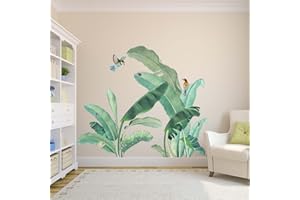Amimagen Green Leaves Jungle Wall Stickers - Tropical Plants Palm Leaf Birds Wall Decals - Living Room Bedroom Sofa TV Background Home Wall Stickers