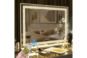 ‎FENCHILIN FENCHILIN Bluetooth Hollywood Spiegel 80x60 cm Schminkspiegel mit Beleuchtung Crushed Diamant Kristall Schminkspiegel mit Lautsprecher Groß LED Spiegel 3 Dimmbare Lichtlfarben USB Port Weiß
