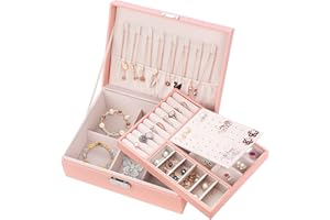 Januts Jewellery Box Organiser for Girls Women PU Leather Travel Jewelry Storage Case 2 Layers Large Portable Lockable Jewellery Case with Removable Tray for Rings Earrings Necklace Bracelets, Pink