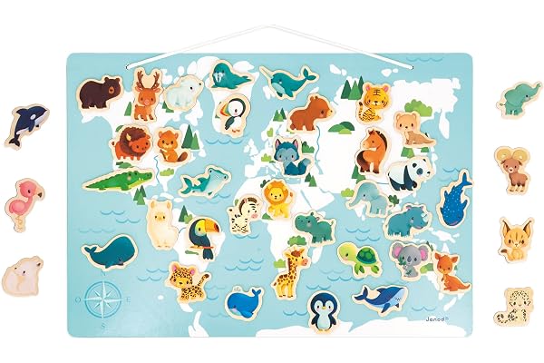 Janod - Puzzle du Monde Magnétique Minikids - 40 Magnets en Bois FSC - 1 Poster - Aimants Animaux - 24 Mois, J05468