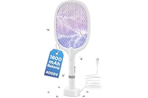 AOKKR Raqueta Mosquitos Eléctrica, Matamoscas Electrico Recargable 4000V con USB Base, Antimosquitos Eléctrica con Luz Ultravioleta para Matar Mosquitos, Batería de 1800mAh, 2 Modos - Blanco