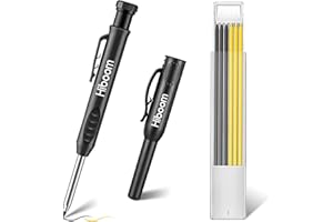 Hiboom Crayon de Charpentier Solide avec Porte-Crayon Mécanique et 6 Pièces de Recharges, Crayon à Bois à Trou Profond avec Taille-Crayon Intégré pour Charpentiers Traceurs Menuisiers