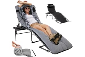 FUNDANGO Padded Sun Lounger with Extra Cushion 5-Position Adjustable with Side Table Sun and Pillow Garden Loungers Portable Folding Chaise Lounge Sun Bed for Camping Beach Garden Patio Pool Indoor