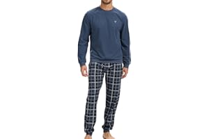 The Essentials Wardrobe Mens Fleece Pyjama Set with Long Sleeve T-Shirt & Bottom Pants Sleepwear Loungewear & Nightwear for Men Soft & Comfortable Top & Trousers Size S-XL