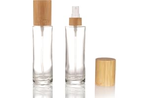 COSIDEA Lot de 4 flacons vaporisateurs vides en verre transparent avec couvercle en bambou et tête de dépense fine pour produits de toilette liquides parfumés et toniques - 20 goulots