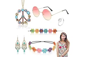 NebulaGlam Hippie Kostüm Set, Hippie Kleidung Herren Accessoires, 60er 70er Jahre Bekleidung, Friedenszeichen Halsketten, Kopfbedeckungen, Brillen, Armbänder