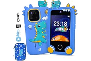 Elecoutek Kids Phone for Boy, Dinosaur Phone Toys for 3-10 Year Old Boys, Kids Mobile Phone Toy with Dual Cameras, 2.8 Inch Touchscreen, Music Player, Games, 32 GB Card and Bag (Blue)