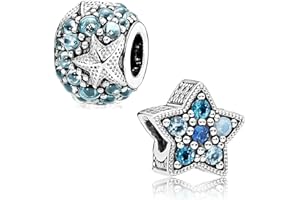 PENNLE 2PCS Summer Oceanic Starfish Charms 925 Sterling Silver Dangle Pendant Charm DIY Beads with Cubic Zirconia, Bracelet Charm Fashion Jewelry Fits for Pandora Bracelet DIY Making Gift for Women Girls
